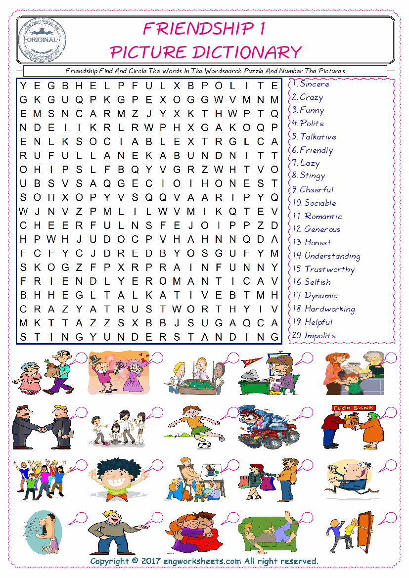  ESL wordsearch worksheets for kids, find Friendship words in the word wordsearch write its number on its picture English worksheet. 